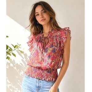 Joie Sheer Floral Ruffle Blouse Medium Smocked Tie Neck Boho Romantic Cottage
